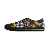 Ladies Low Top Sneakers Shoes- Sunflowers Cheetah and Black White Plaid Print - Livestock Show Sneakers - Country