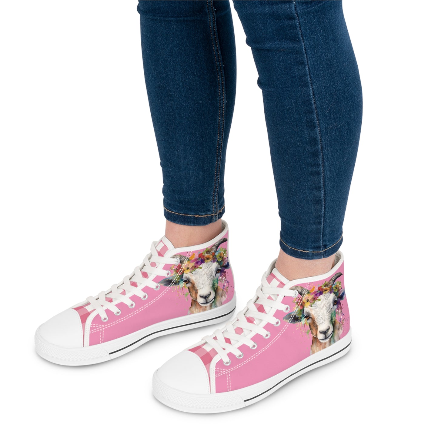 Watercolor Livestock Show Goat with Flowers Ladies High-Top Sneakers, Livestock Show Goat Shoes