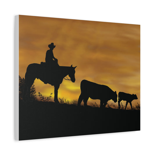 Last of the Day Hand-Drawn Canvas Art | Matte Canvas, Stretched, 1.25" | Sunset Landscape Cows