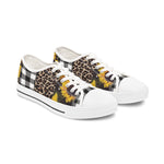 Ladies Low Top Sneakers Shoes- Sunflowers Cheetah and Black White Plaid Print - Livestock Show Sneakers - Country
