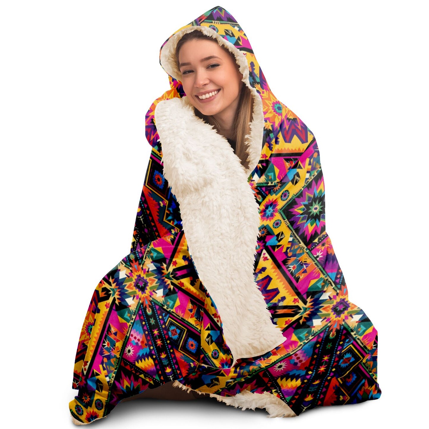 Vivid Colors of Aztec Indian Design Hooded Blanket - All Over Print Sherpa-lined Hooded Throw