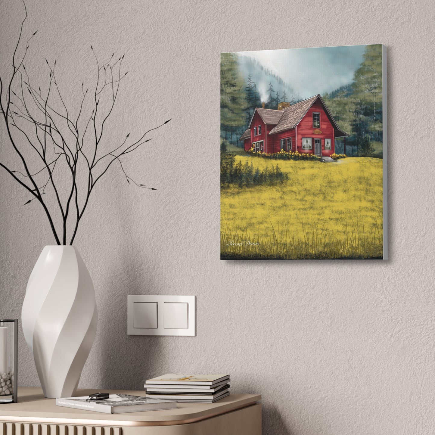 The Red House on the Hill | Hand-drawn Canvas Art | Hand-stretched Canvas on Pine Frame | Artist Teresa Davis