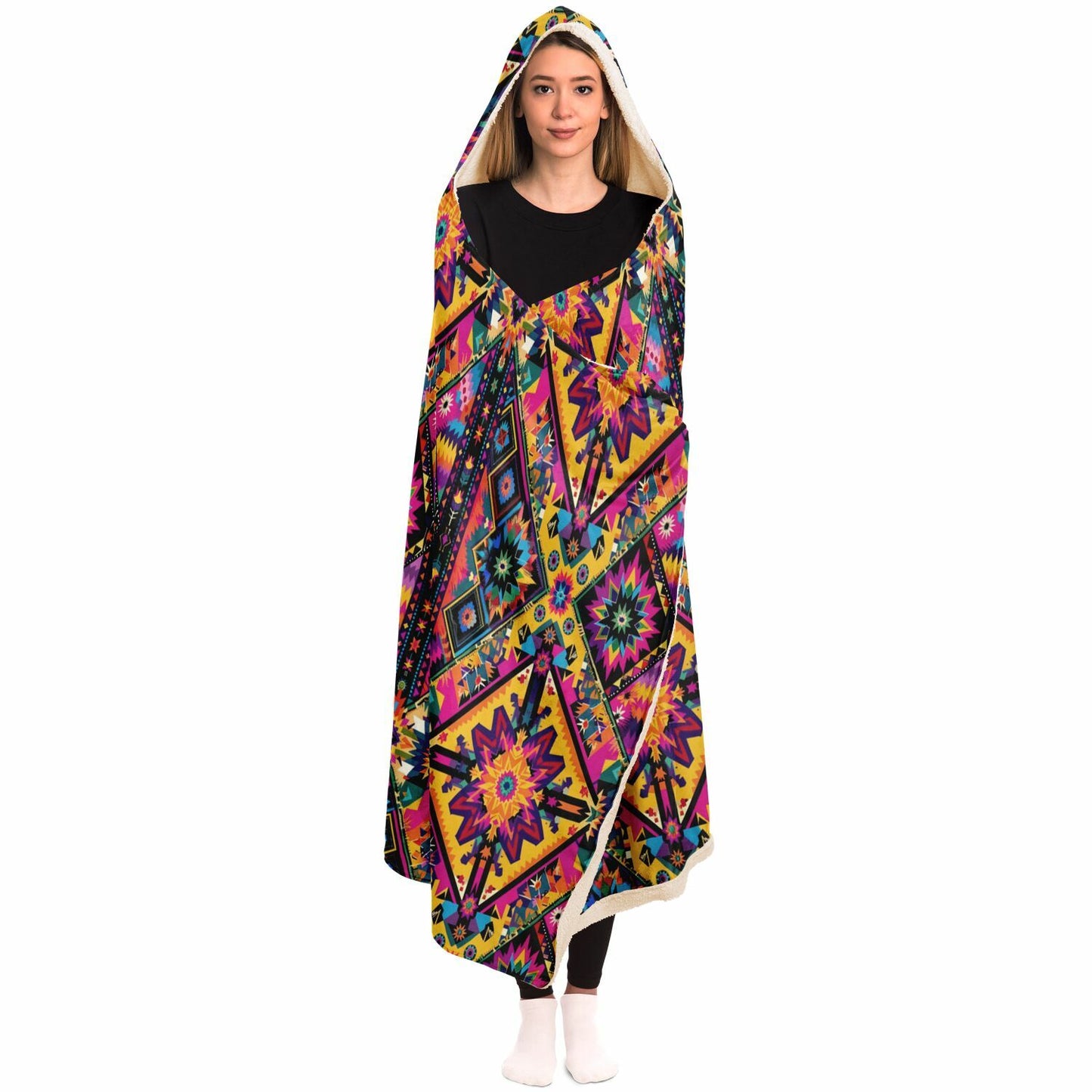 Vivid Colors of Aztec Indian Design Hooded Blanket - All Over Print Sherpa-lined Hooded Throw