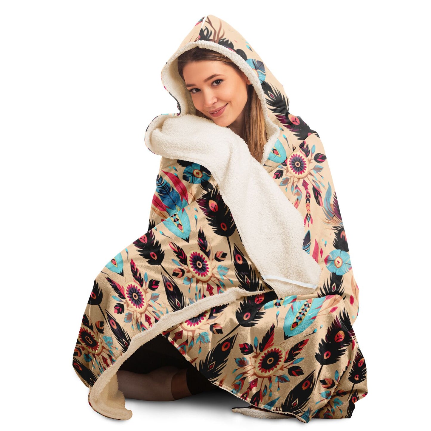 Native Indian Headdress Feathers Design Hooded Blanket - All Over Print - Boho Feathers