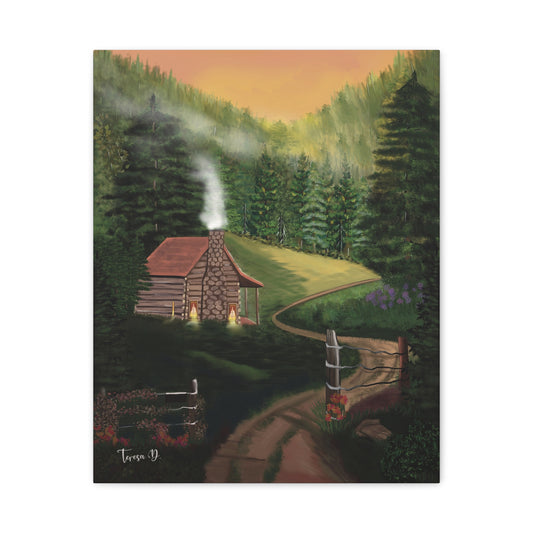 Cabin off the Road Hand-Drawn Canvas Art | Matte Canvas, Stretched, 1.25" | Dark Moody Colors