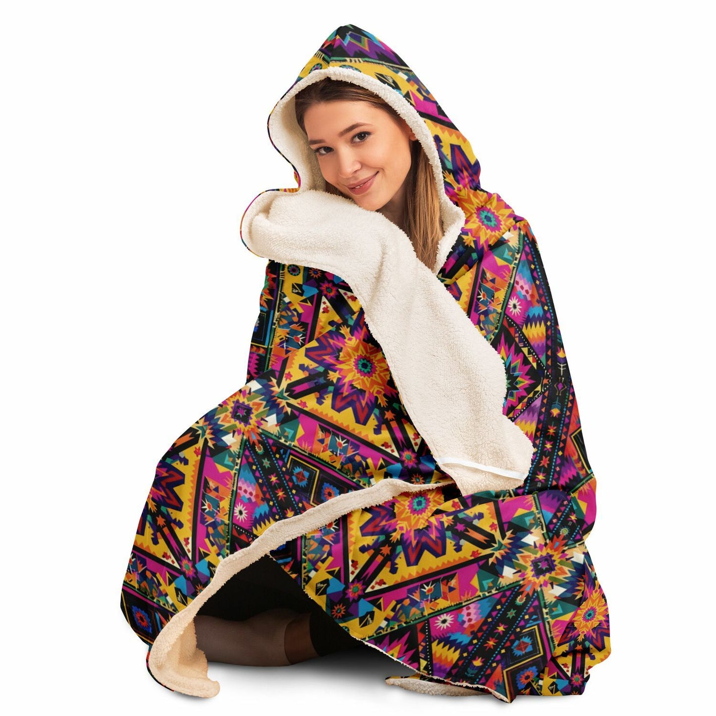 Vivid Colors of Aztec Indian Design Hooded Blanket - All Over Print Sherpa-lined Hooded Throw