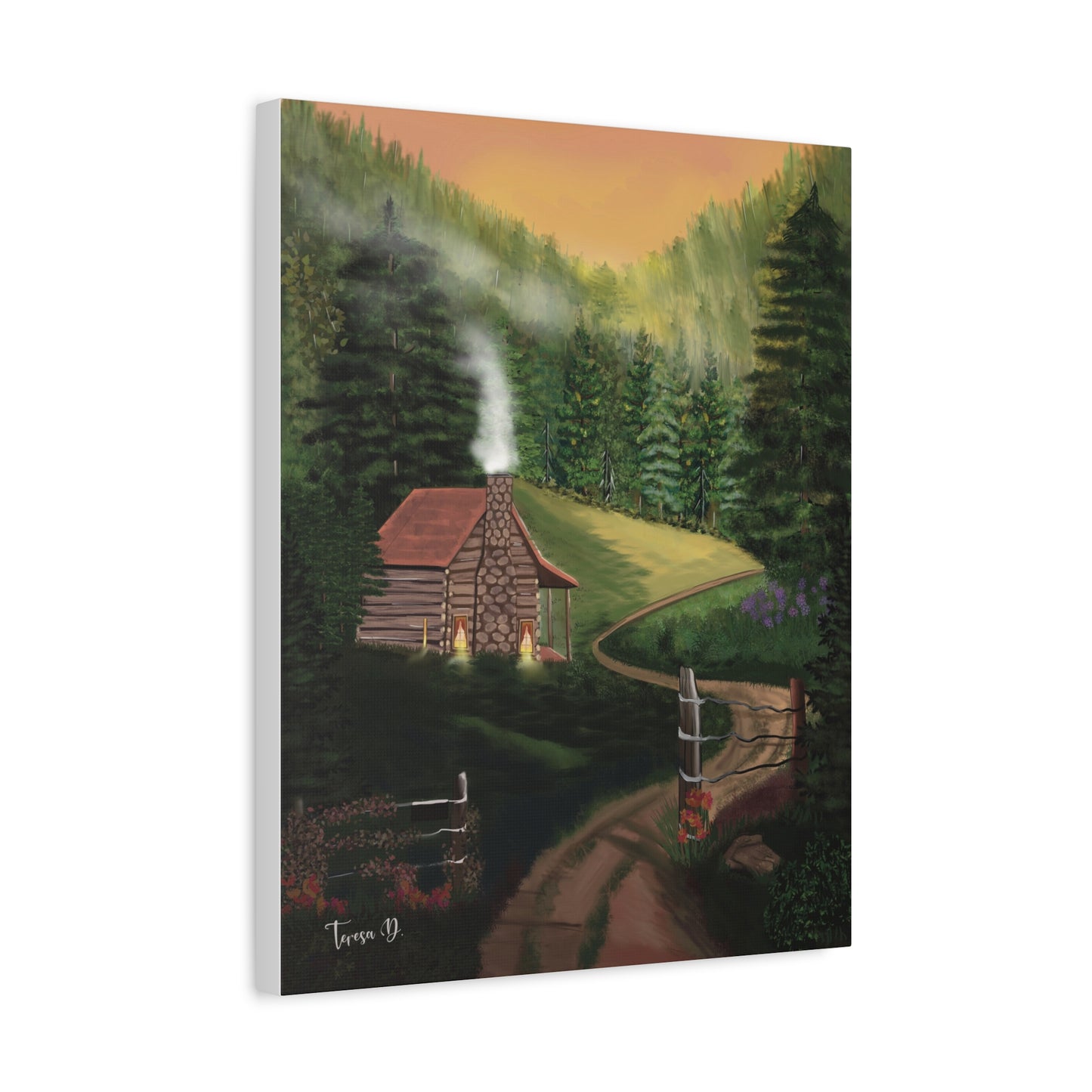 Cabin off the Road Hand-Drawn Canvas Art | Matte Canvas, Stretched, 1.25" | Dark Moody Colors