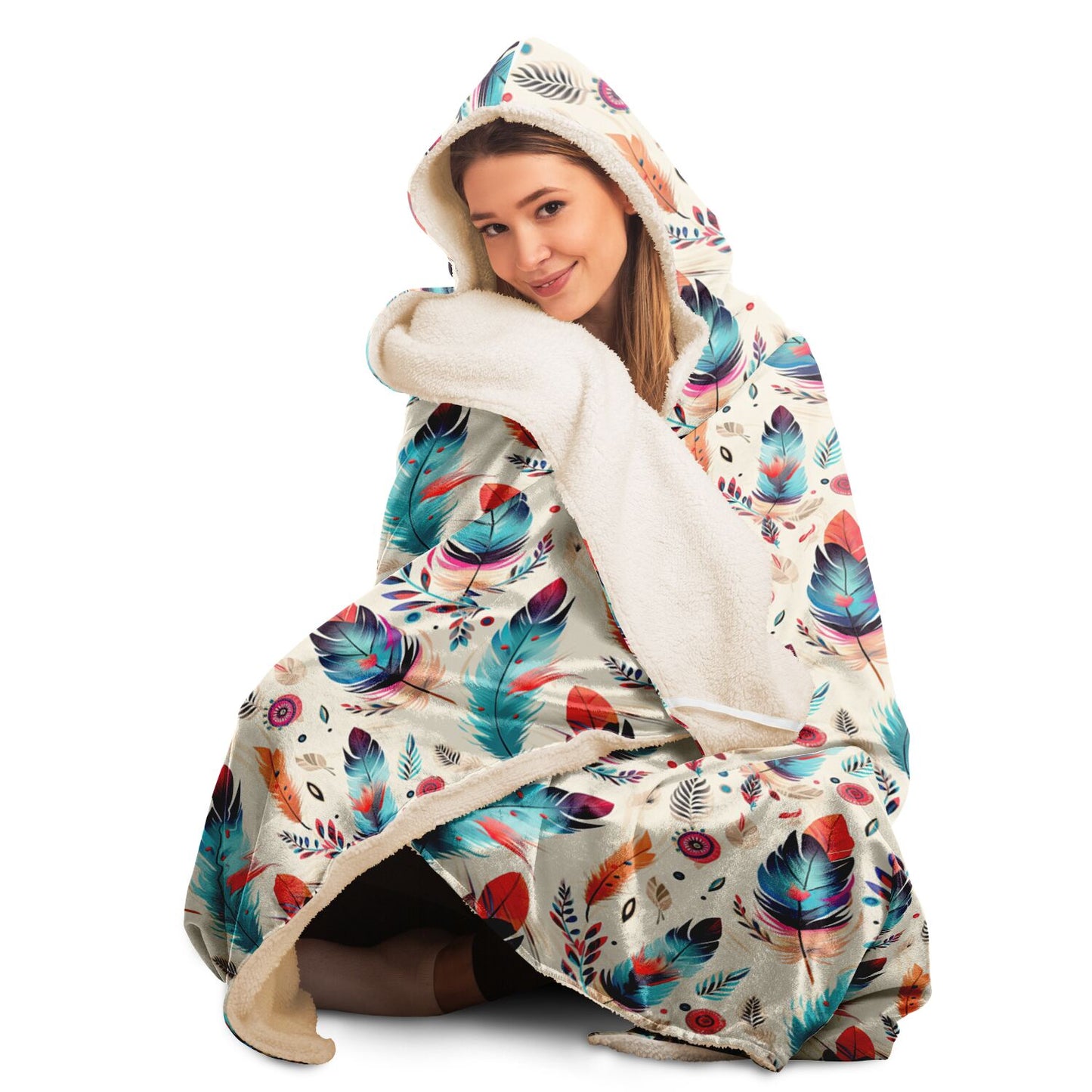 Native American Indian Feather Design Hooded Blanket - All Over Print - Southwest Boho