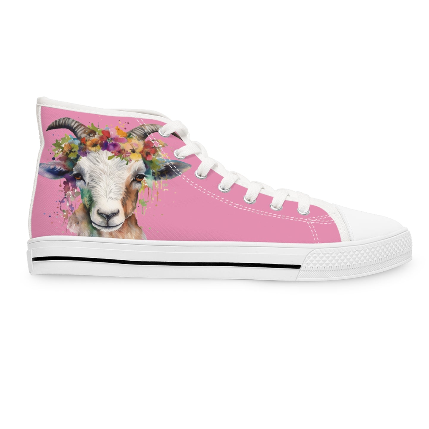 Watercolor Livestock Show Goat with Flowers Ladies High-Top Sneakers, Livestock Show Goat Shoes