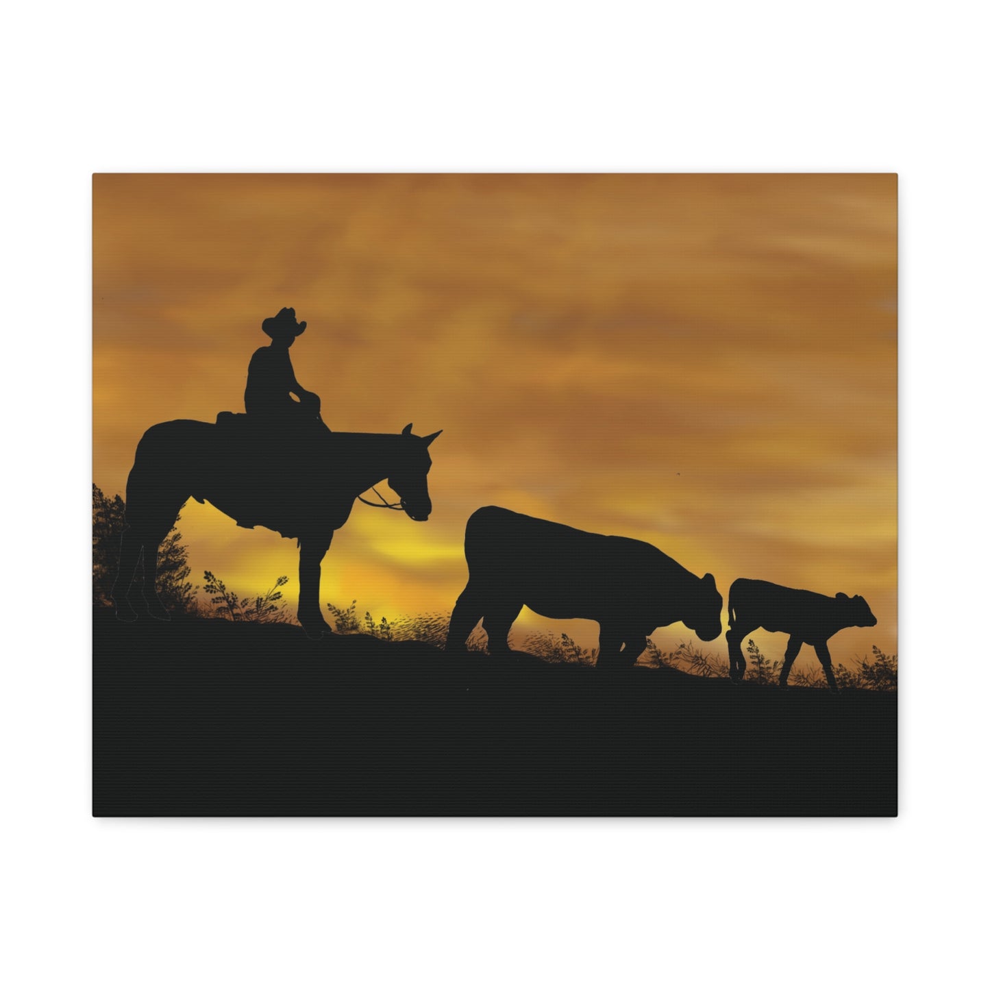 Last of the Day Hand-Drawn Canvas Art | Matte Canvas, Stretched, 1.25" | Sunset Landscape Cows