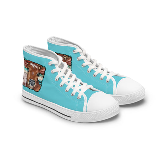 Cute Baby Calves Ladies High-Top Sneakers, Livestock Show Shoe, Show Cattle Sneakers in Turquoise