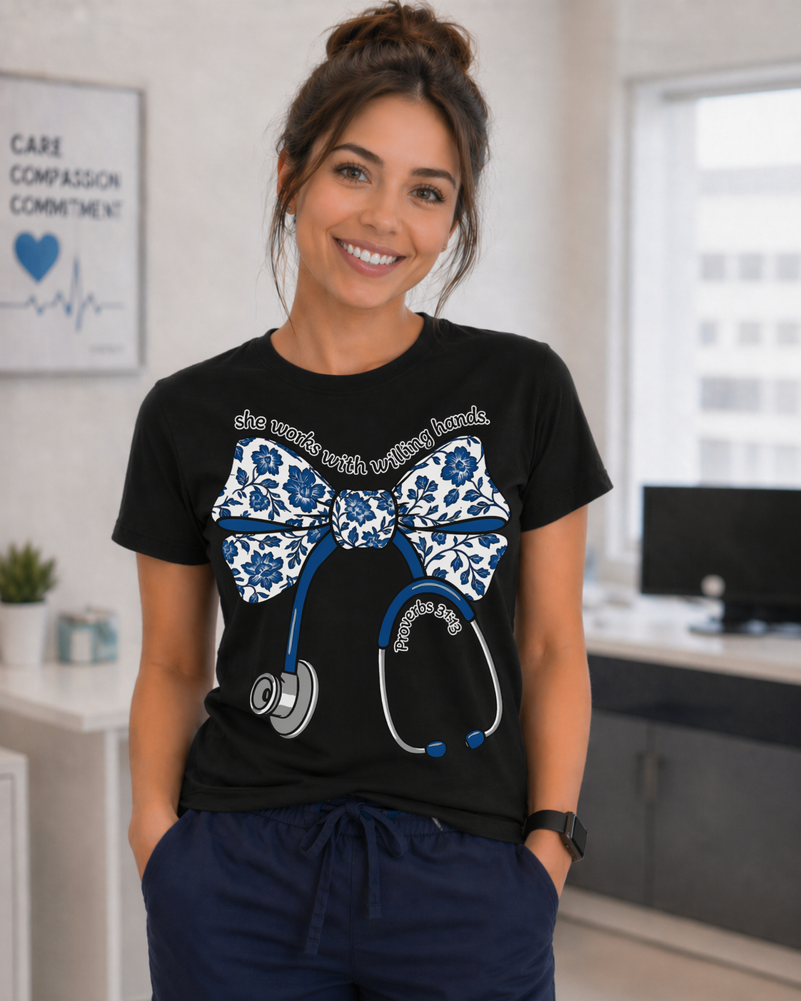 She Works With Willing Hands, Cute Nurse Graphic Tee, Nurse Appreciation Gift, DTF Printed (Copy)