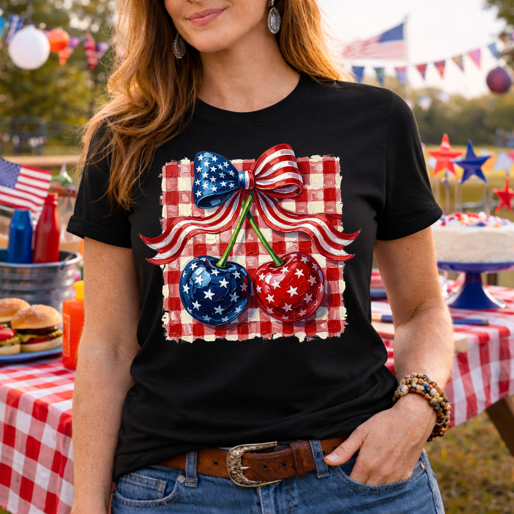 Patriotic Cherry Coquette PNG | 4th of July Bow and Cherries Design | Americana DTF Transfer | Red White Blue Summer Lifestyle Tee Graphic