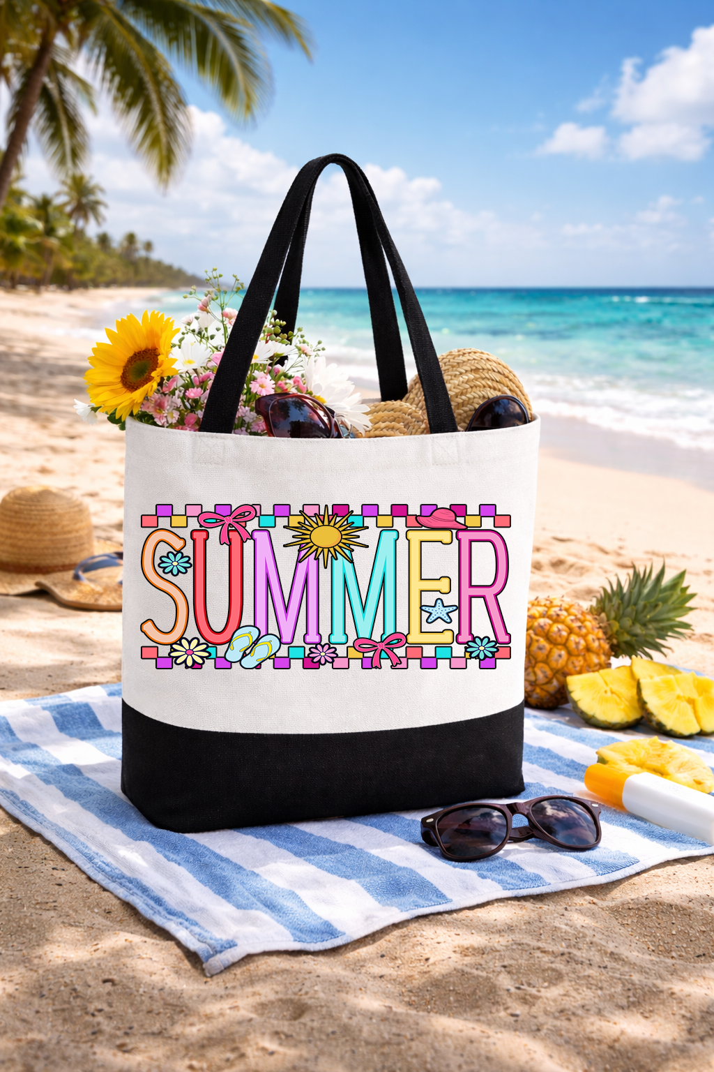 Summer Coquette Box Tote Bag | Preppy Canvas Beach Tote with Straps | Printed on Both Sides