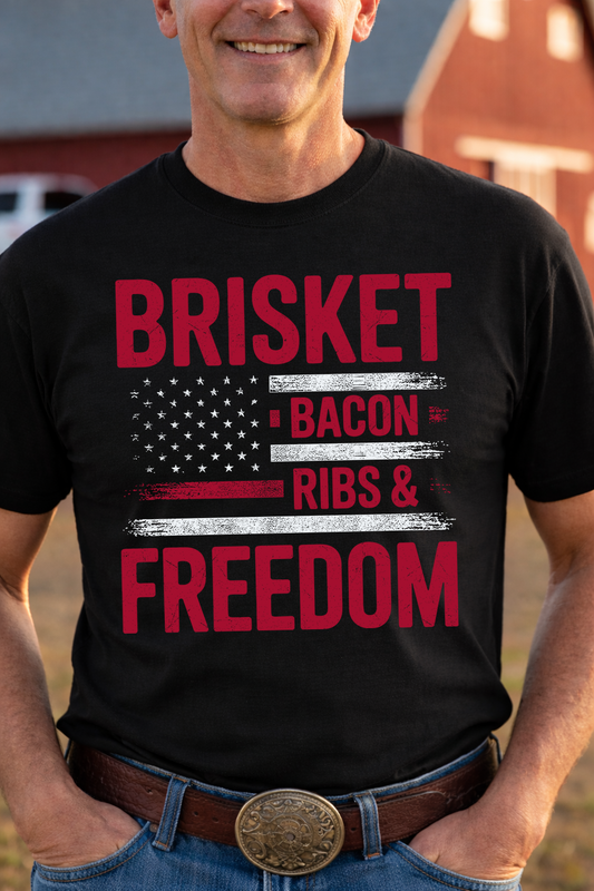 Brisket Bacon Ribs & Freedom Dad Shirt, Patriotic BBQ T-Shirt for Men