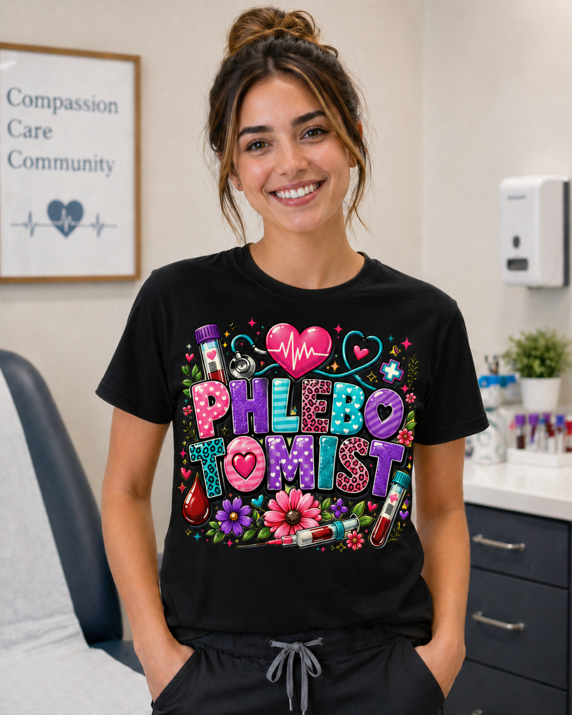 Phlebotomist Shirt, Cute Phlebotomy Tech Graphic Tee, Colorful Healthcare Worker T-Shirt, DTF Print