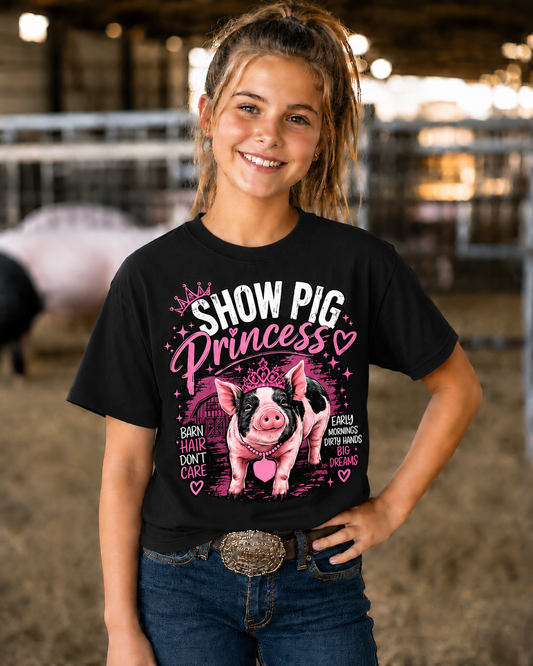 Show Pig Princess Youth T-Shirt | Livestock Show Girl Tee | Pig Show Graphic Shirt | DTF Print