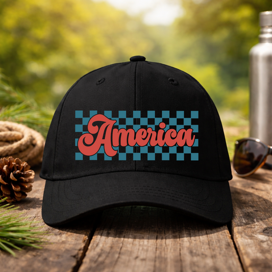 Retro America Checkered Baseball Hat, Patriotic Graphic Cap, DTF Print Hat, Fourth of July Hat, Americana Summer Hat