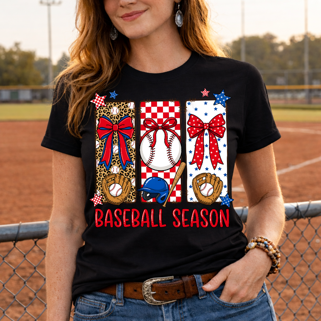 Baseball Season Patriotic Bow Graphic Tee | Red White Blue Baseball Shirt | Cute Game Day Lifestyle Tee