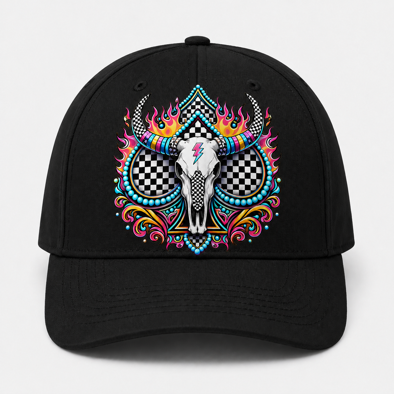 Western Skull Trucker Hat, Neon Longhorn Graphic Cap, Black Checkered Cow Skull Baseball Hat, DTF Print Hat