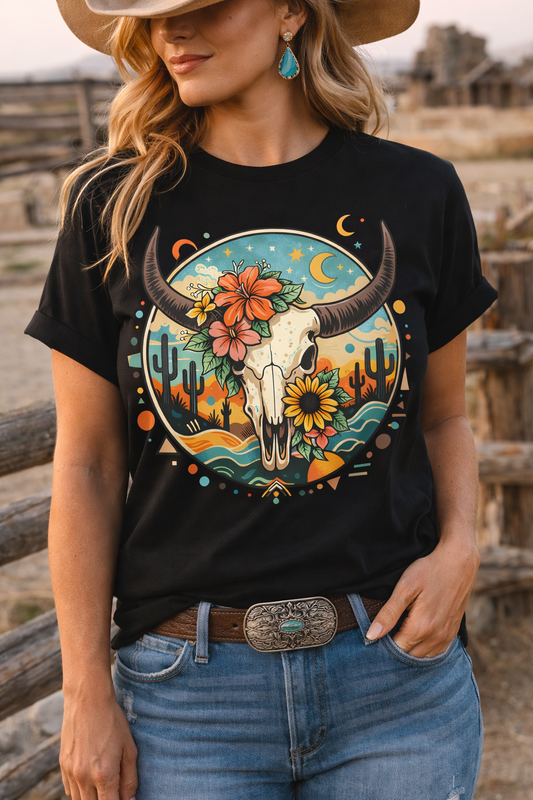 Western Bull Skull Floral Shirt, Desert Boho Graphic Tee, Southwest Cowgirl Shirt, Cactus Skull T-Shirt, Livestock Tee