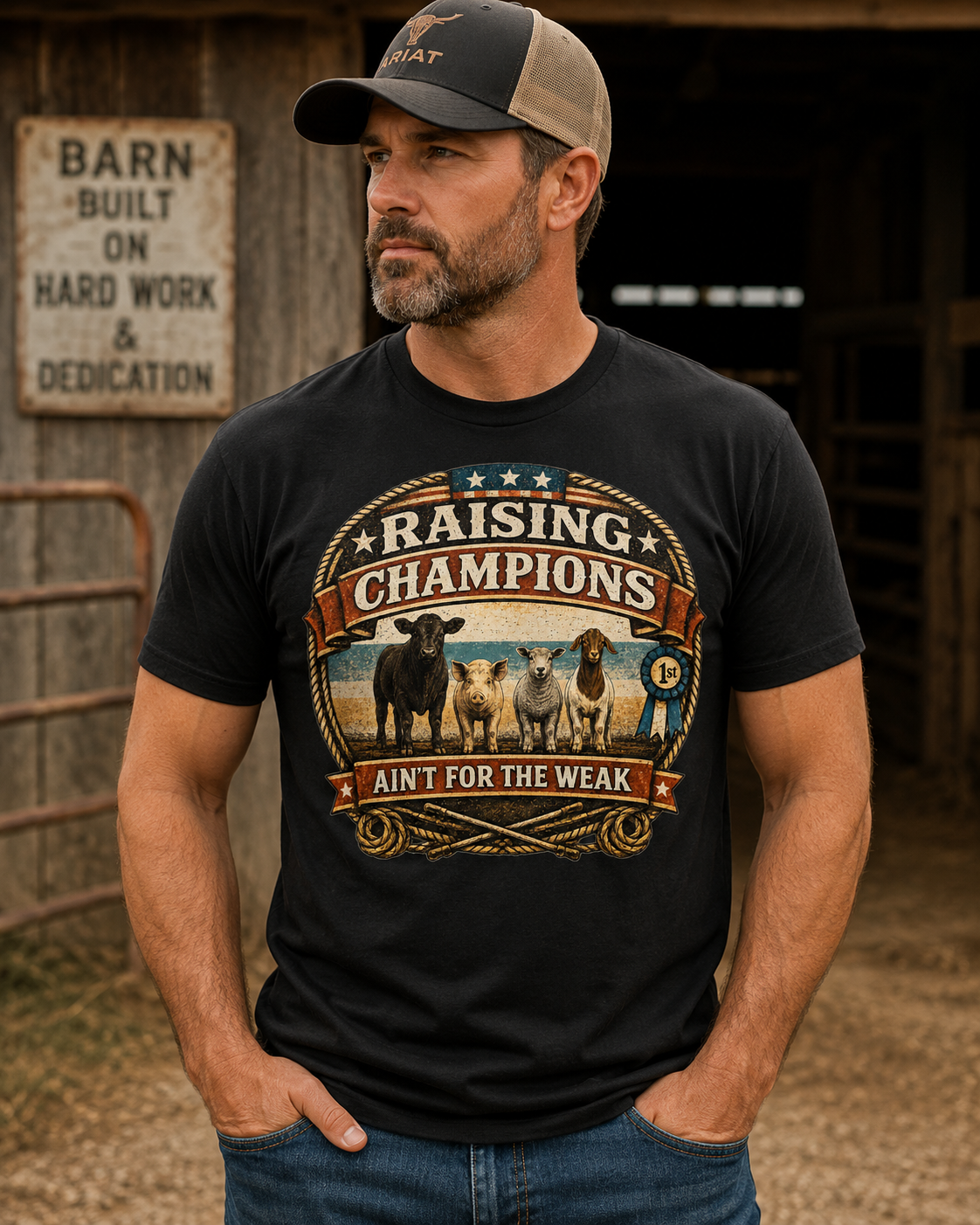 Raising Champions Ain’t for the Weak Vintage Livestock Show Dad Shirt - DTF Printed - Show Goats, Lambs, Steers, and Pigs