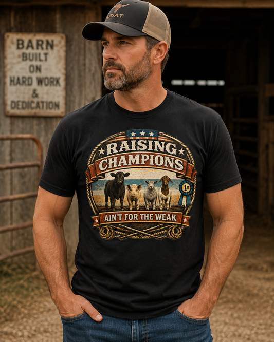 Raising Champions Ain’t for the Weak Vintage Livestock Show Dad Shirt - DTF Printed - Show Goats, Lambs, Steers, and Pigs