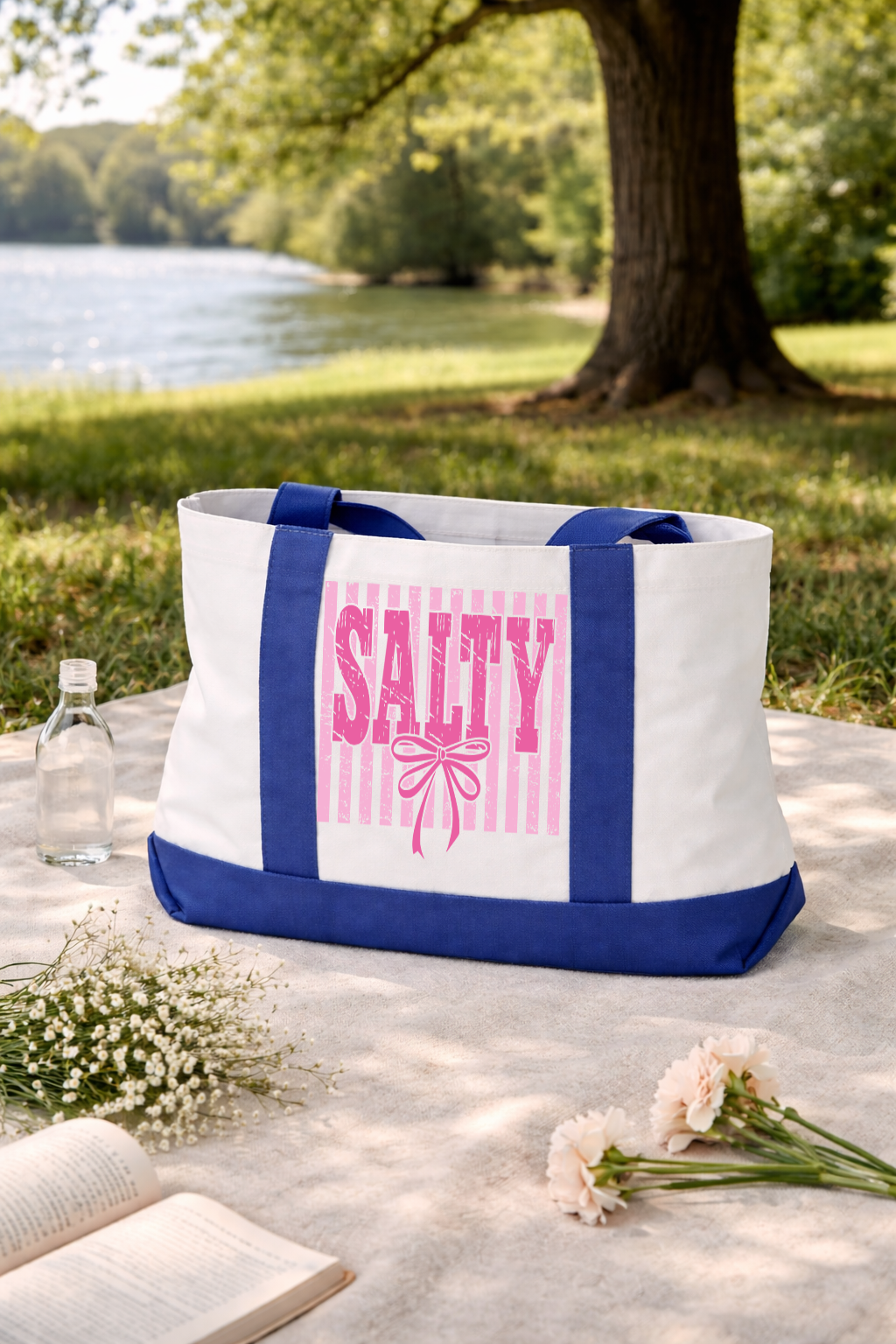 Salty Pink Stripes Tote Bag | Preppy Canvas Beach Tote with Straps | Printed on Both Sides