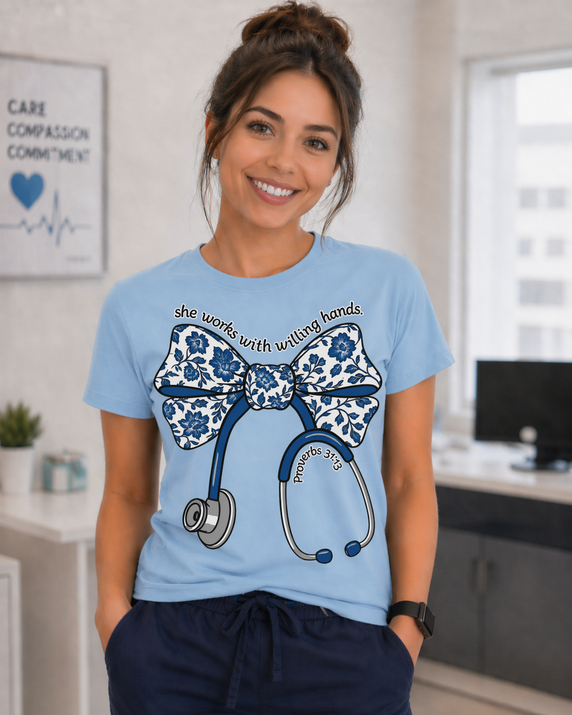 She Works With Willing Hands, Cute Nurse Graphic Tee, Nurse Appreciation Gift, DTF Printed (Copy)