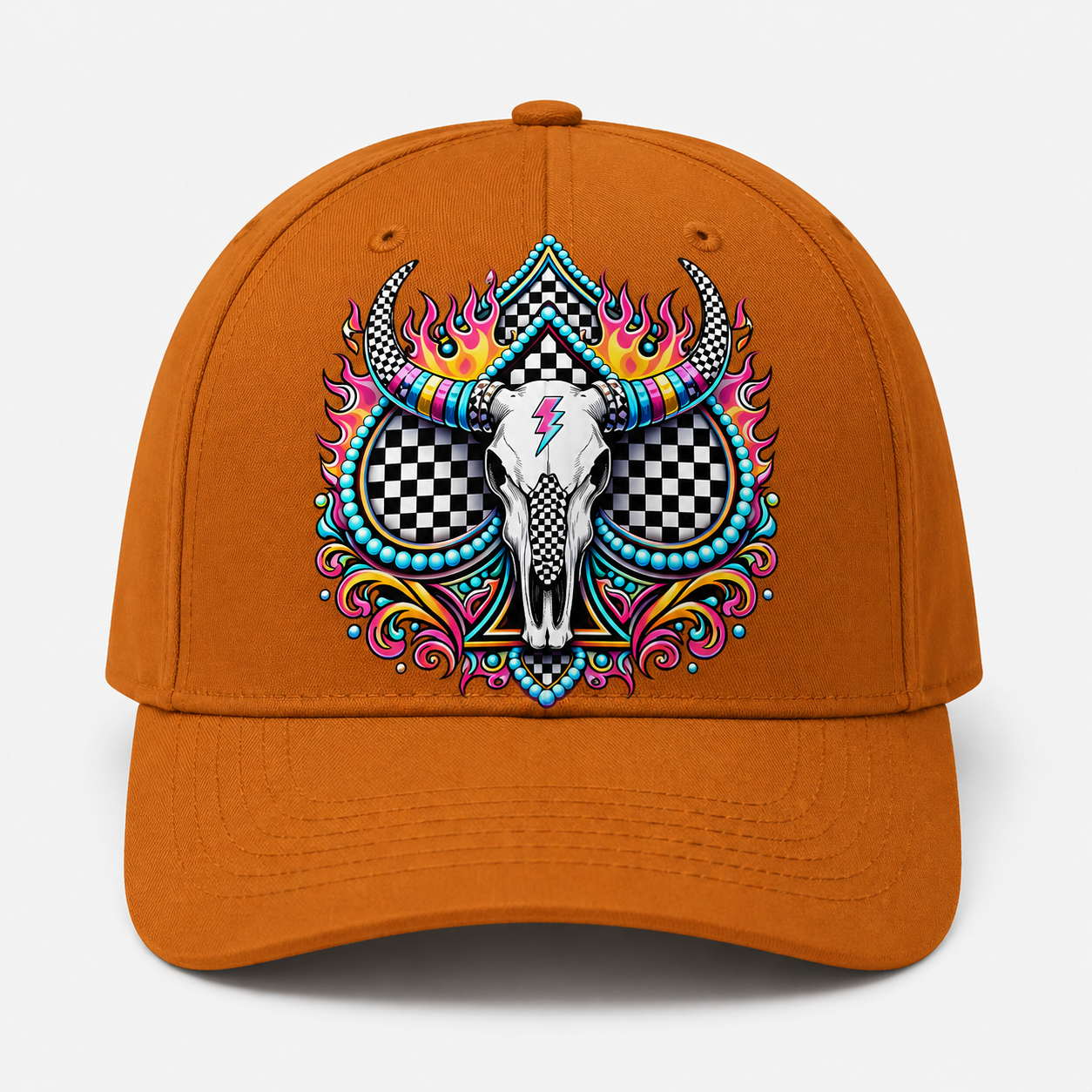 Western Skull Trucker Hat, Neon Longhorn Graphic Cap, Black Checkered Cow Skull Baseball Hat, DTF Print Hat