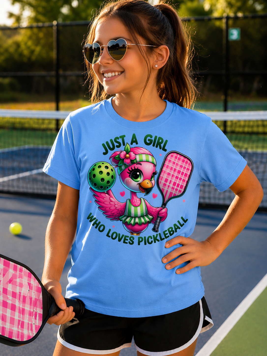 Just a Girl Who Loves Pickleball Youth Shirt, Carolina Blue Flamingo Pickleball Tee, Girls Pickleball Graphic Shirt