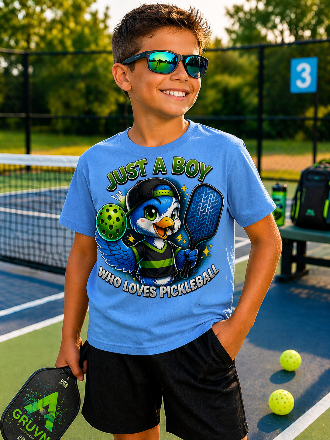 Just a Boy Who Loves Pickleball Youth Shirt, Blue and White Eagle Pickleball Tee, Boys Pickleball Graphic Shirt
