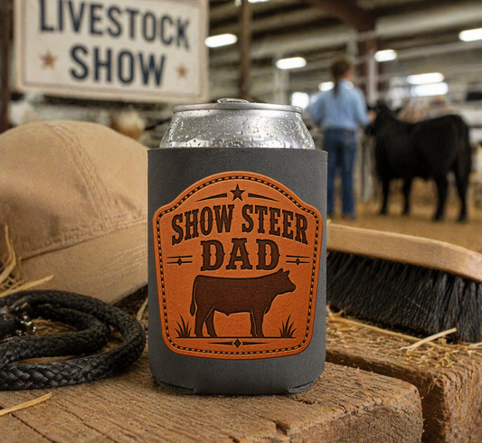Stock Show Faux Leather Patch DTF Printed Koozie | Double-Sided Livestock Show Can Cooler