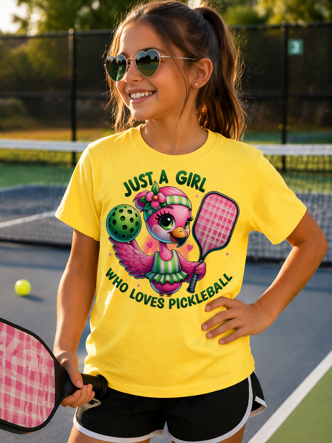 Just a Girl Who Loves Pickleball Youth Shirt, Carolina Blue Flamingo Pickleball Tee, Girls Pickleball Graphic Shirt