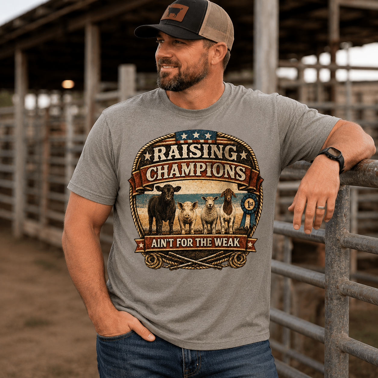 Raising Champions Ain’t for the Weak Vintage Livestock Show Dad Shirt - DTF Printed - Show Goats, Lambs, Steers, and Pigs