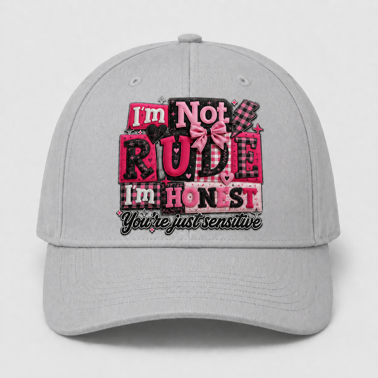 I’m Not Rude I’m Honest Hat, Funny Sarcastic Graphic Cap, Pink Patchwork DTF Print Baseball Hat