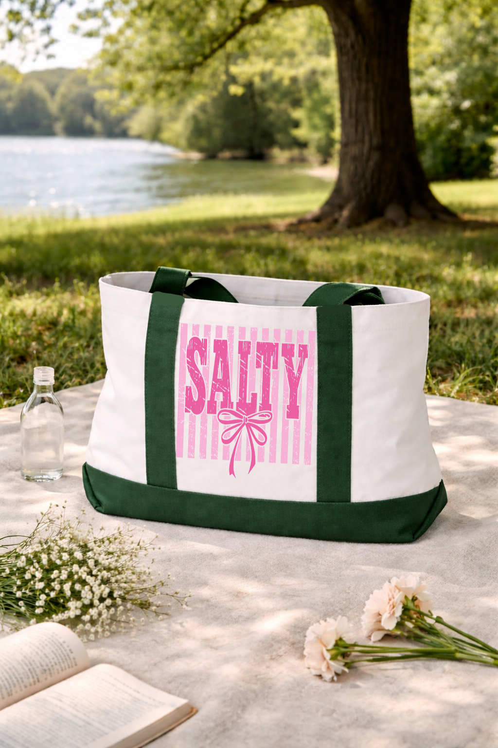 Salty Pink Stripes Tote Bag | Preppy Canvas Beach Tote with Straps | Printed on Both Sides