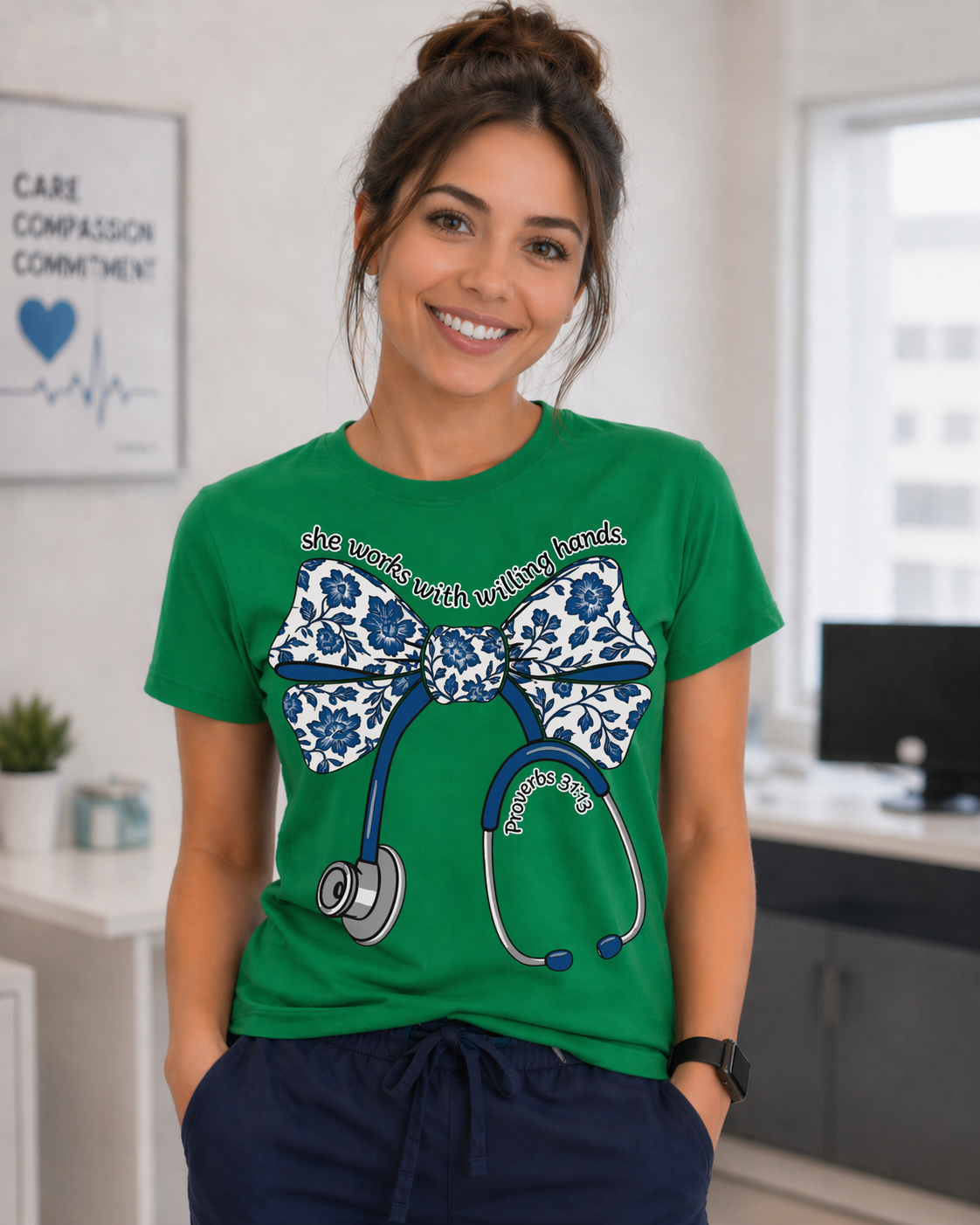 She Works With Willing Hands, Cute Nurse Graphic Tee, Nurse Appreciation Gift, DTF Printed (Copy)