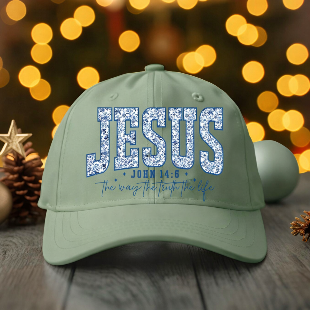 Jesus John 14:6 White Baseball Hat DTF Print Hat | Christian Design | Blue Floral Scripture Cap