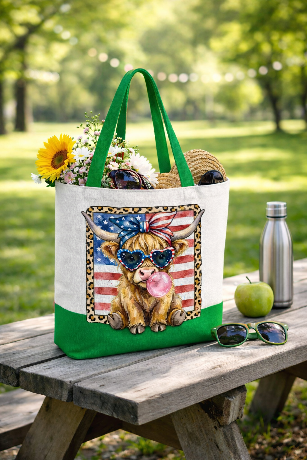 Patriotic Highland Cow Canvas Tote Bag, 15x13 100% Cotton Tote, Western USA Farmhouse Market Bag