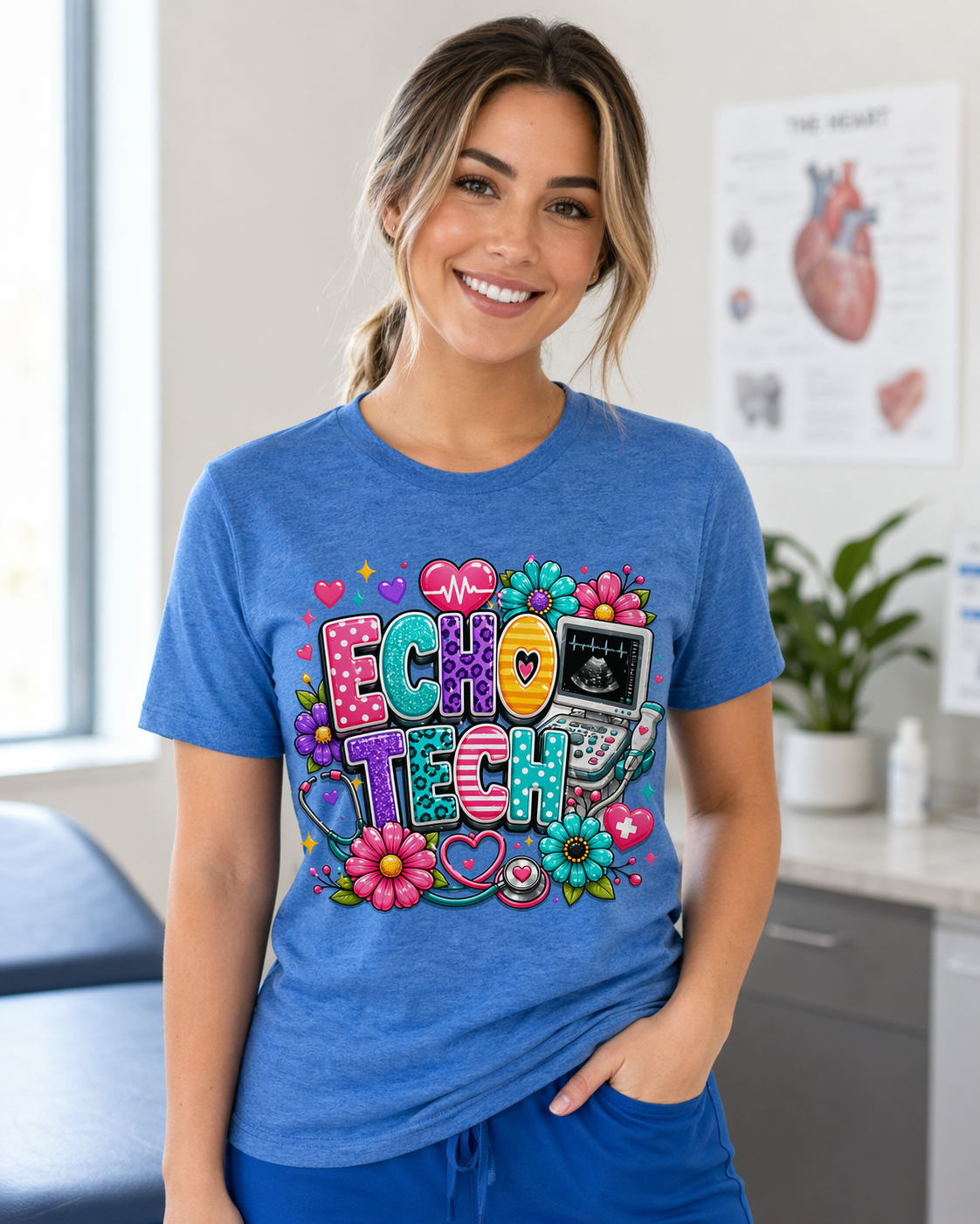 Echo Tech Shirt, Bright Floral Ultrasound Tech Tee, Cute Nurse Graphic Tee, Nurse Appreciation Gift, DTF Printed