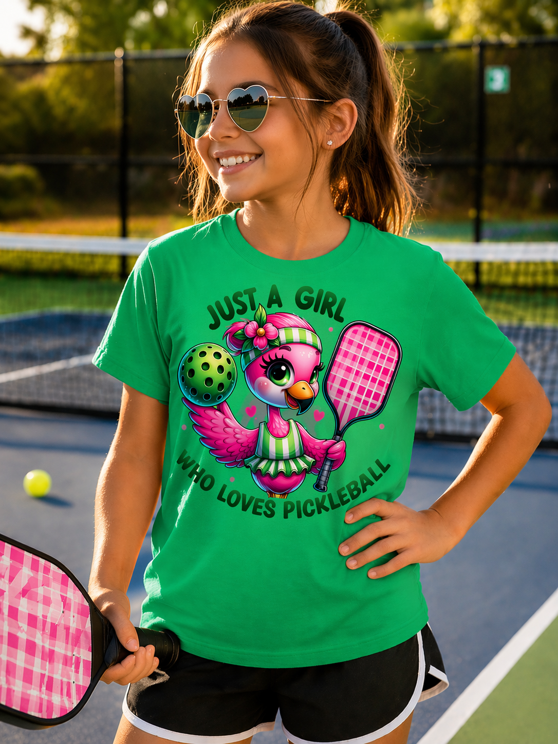 Just a Girl Who Loves Pickleball Youth Shirt, Carolina Blue Flamingo Pickleball Tee, Girls Pickleball Graphic Shirt