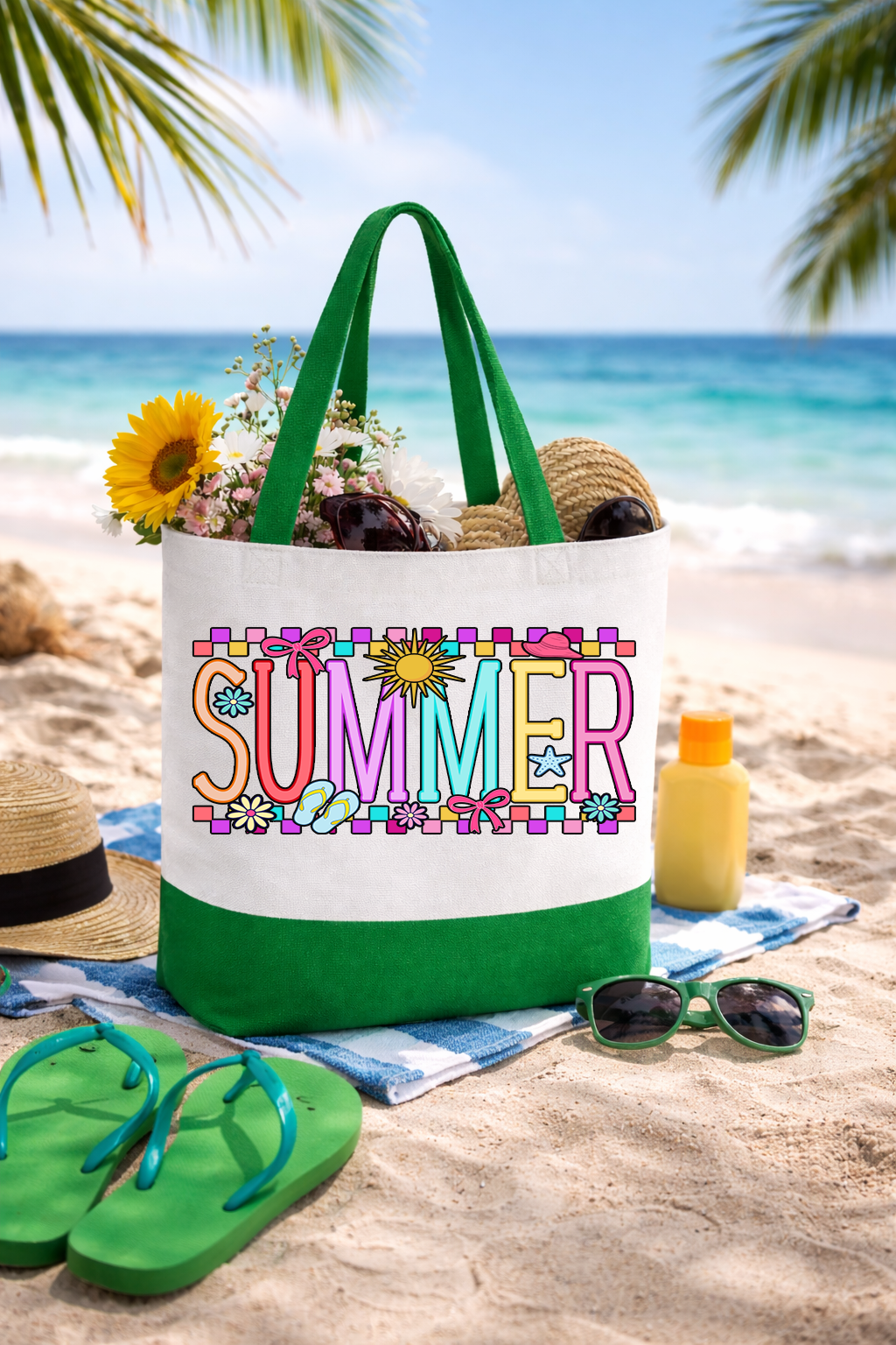 Summer Coquette Box Tote Bag | Preppy Canvas Beach Tote with Straps | Printed on Both Sides