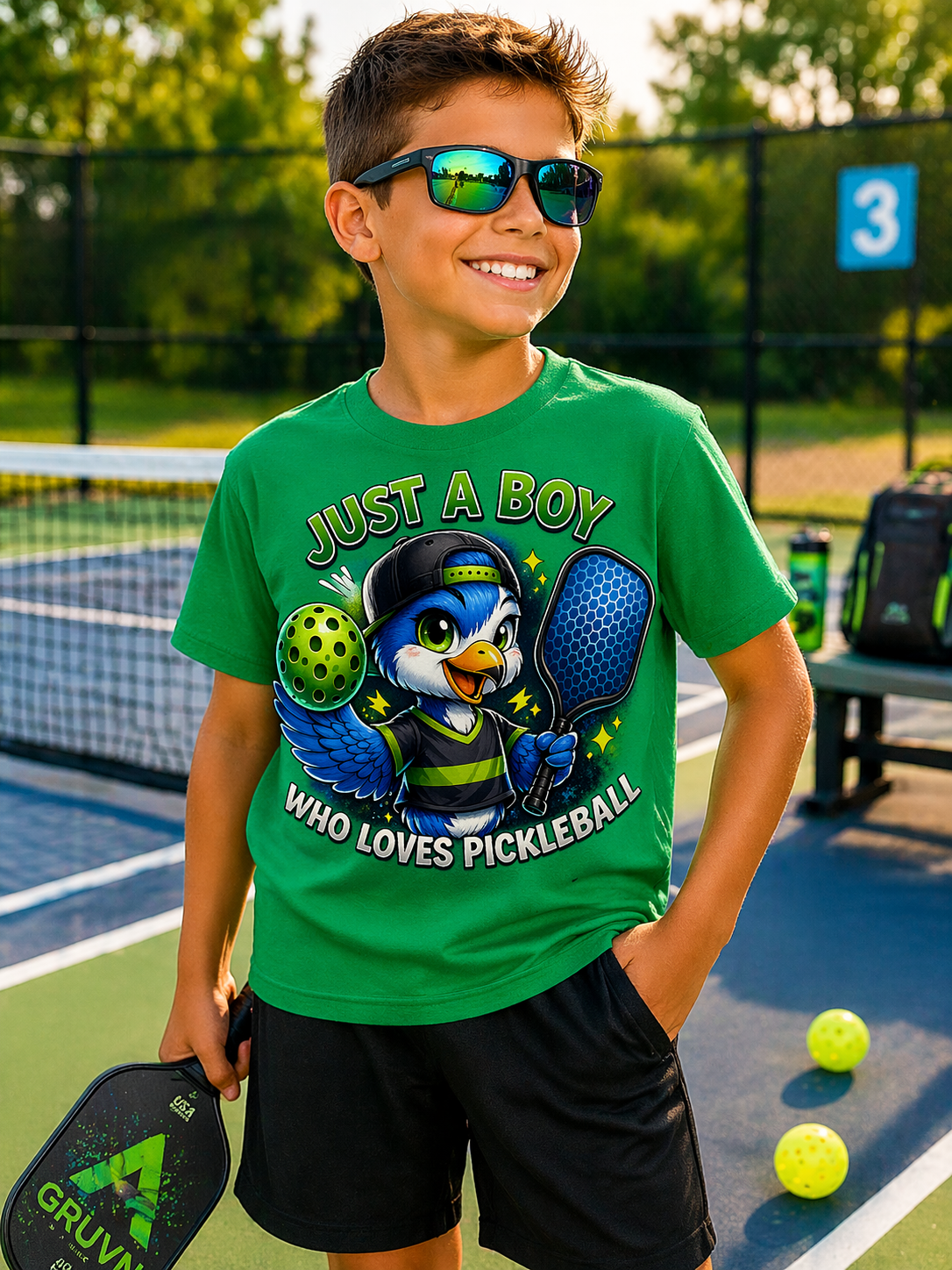 Just a Boy Who Loves Pickleball Youth Shirt, Blue and White Eagle Pickleball Tee, Boys Pickleball Graphic Shirt