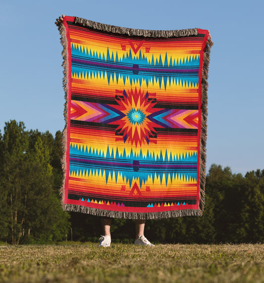 Aztec Indian Cotton Heirloom Woven Blanket: Bold Colors & Timeless Design
