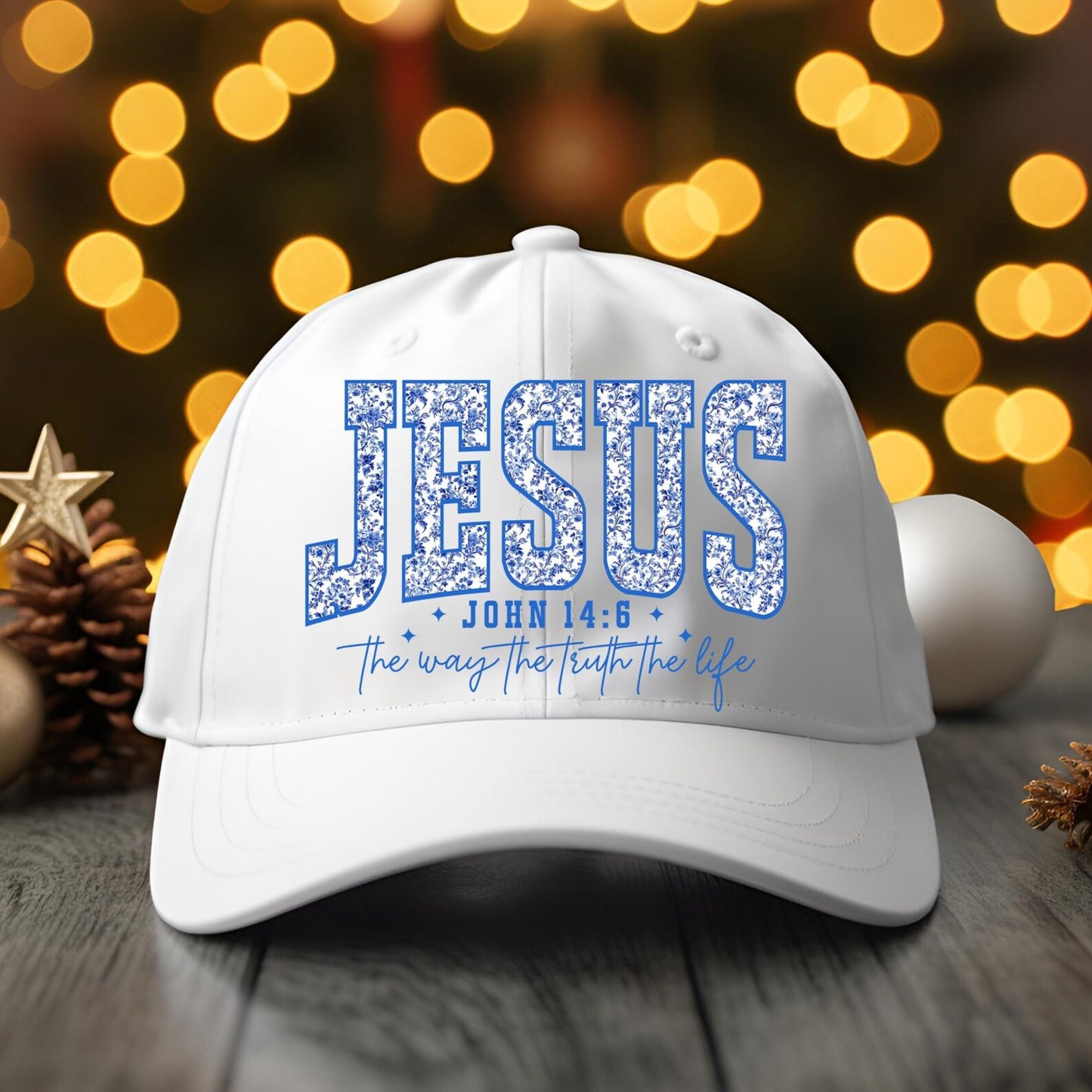 Jesus John 14:6 White Baseball Hat DTF Print Hat | Christian Design | Blue Floral Scripture Cap