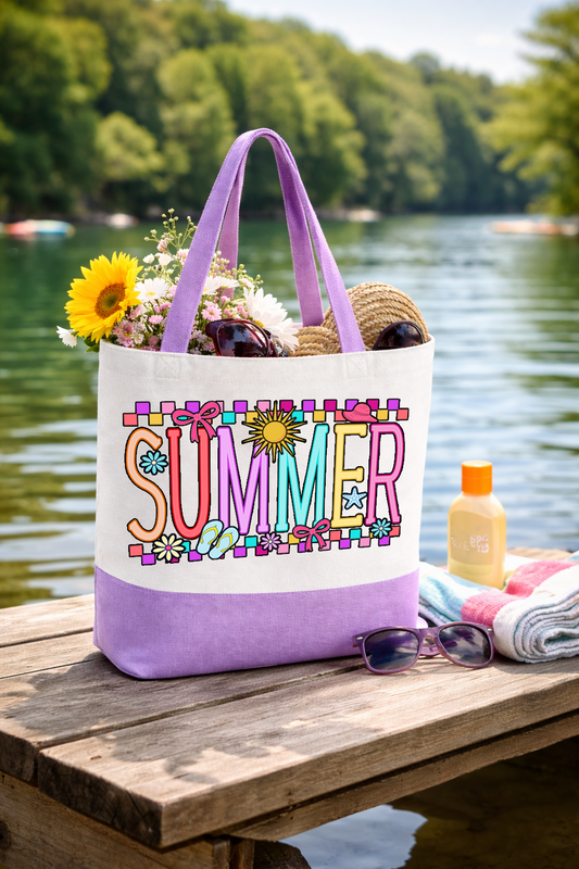 Summer Coquette Box Tote Bag | Preppy Canvas Beach Tote with Straps | Printed on Both Sides