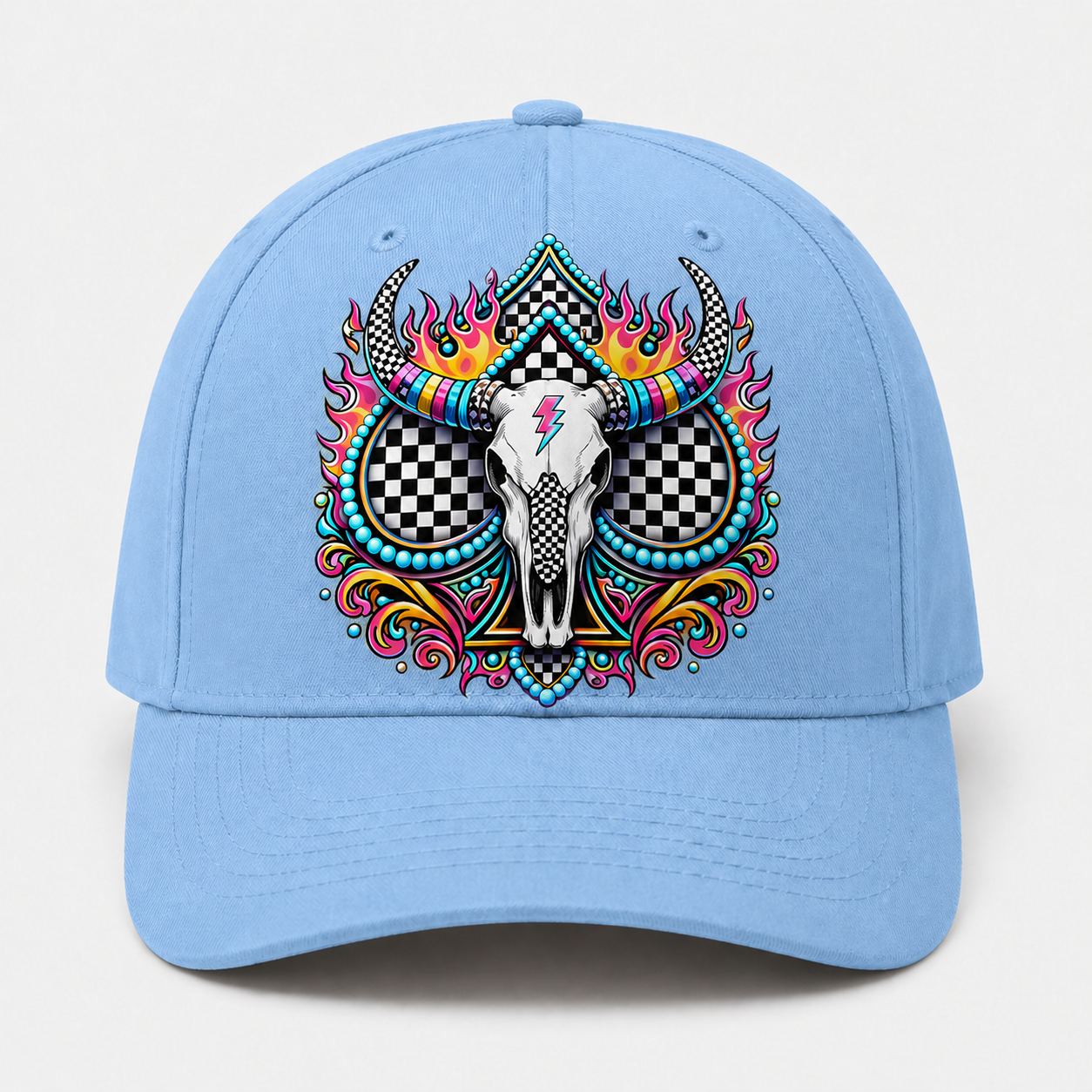 Western Skull Trucker Hat, Neon Longhorn Graphic Cap, Black Checkered Cow Skull Baseball Hat, DTF Print Hat
