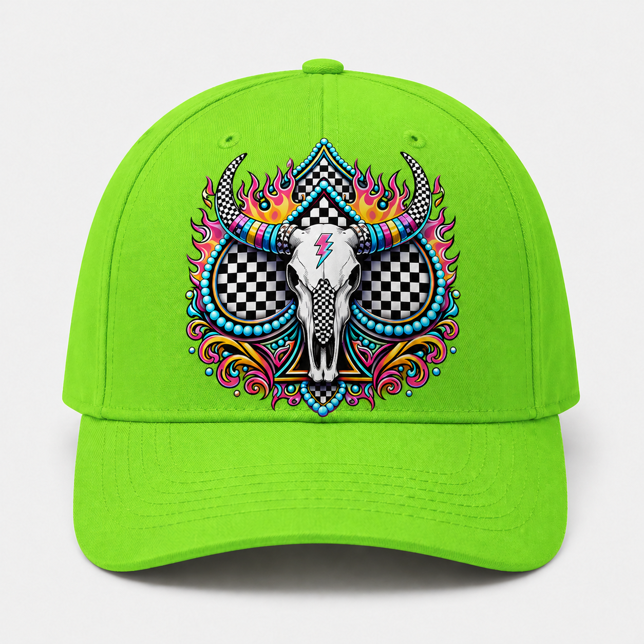 Western Skull Trucker Hat, Neon Longhorn Graphic Cap, Black Checkered Cow Skull Baseball Hat, DTF Print Hat