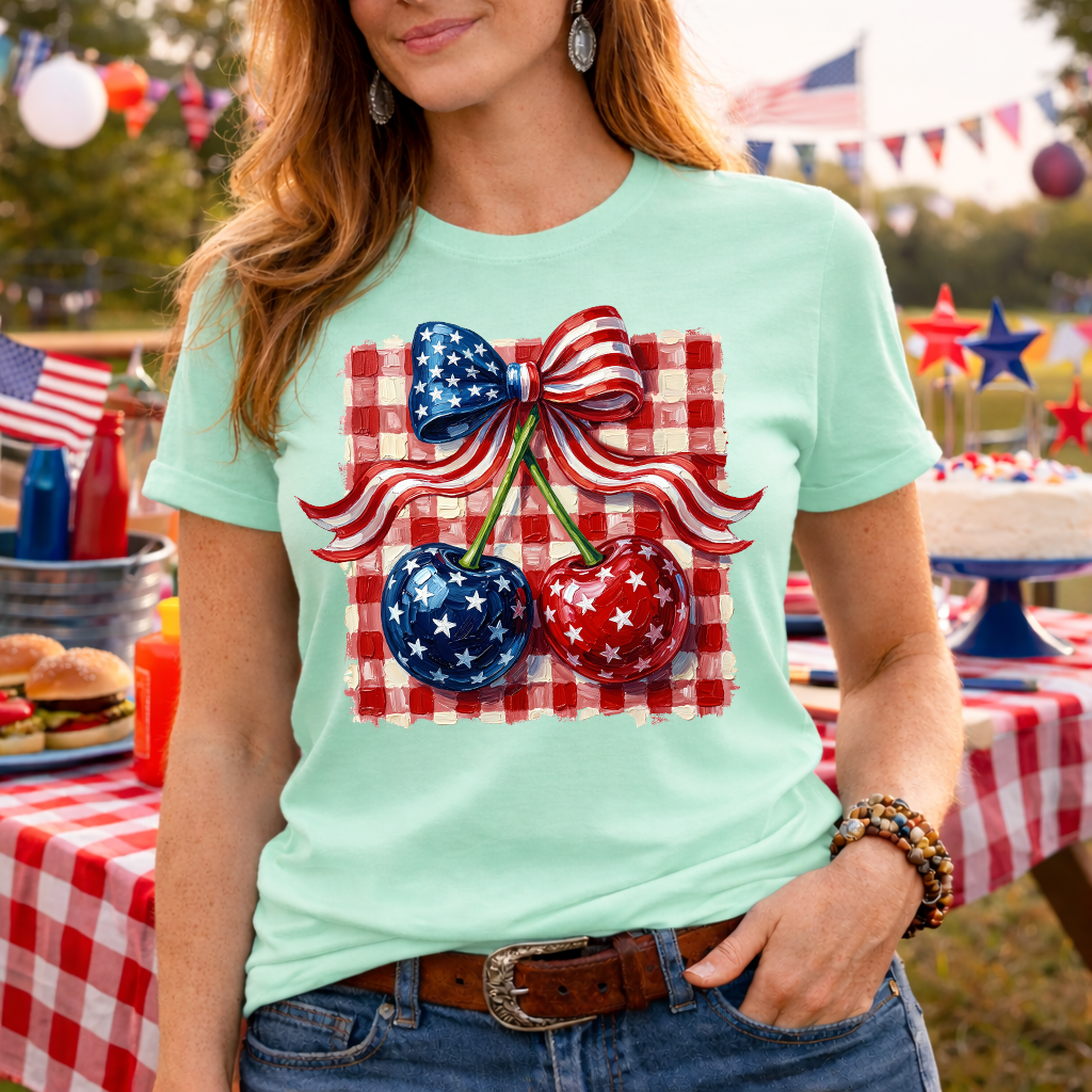 Patriotic Cherry Coquette PNG | 4th of July Bow and Cherries Design | Americana DTF Transfer | Red White Blue Summer Lifestyle Tee Graphic